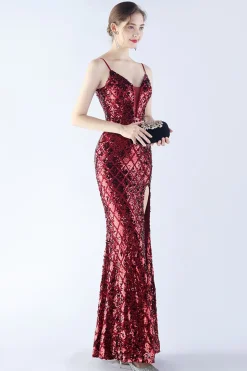 Borgonha Esparguete Correias V-neck Swquin Bainha Vestido Formal com Fenda