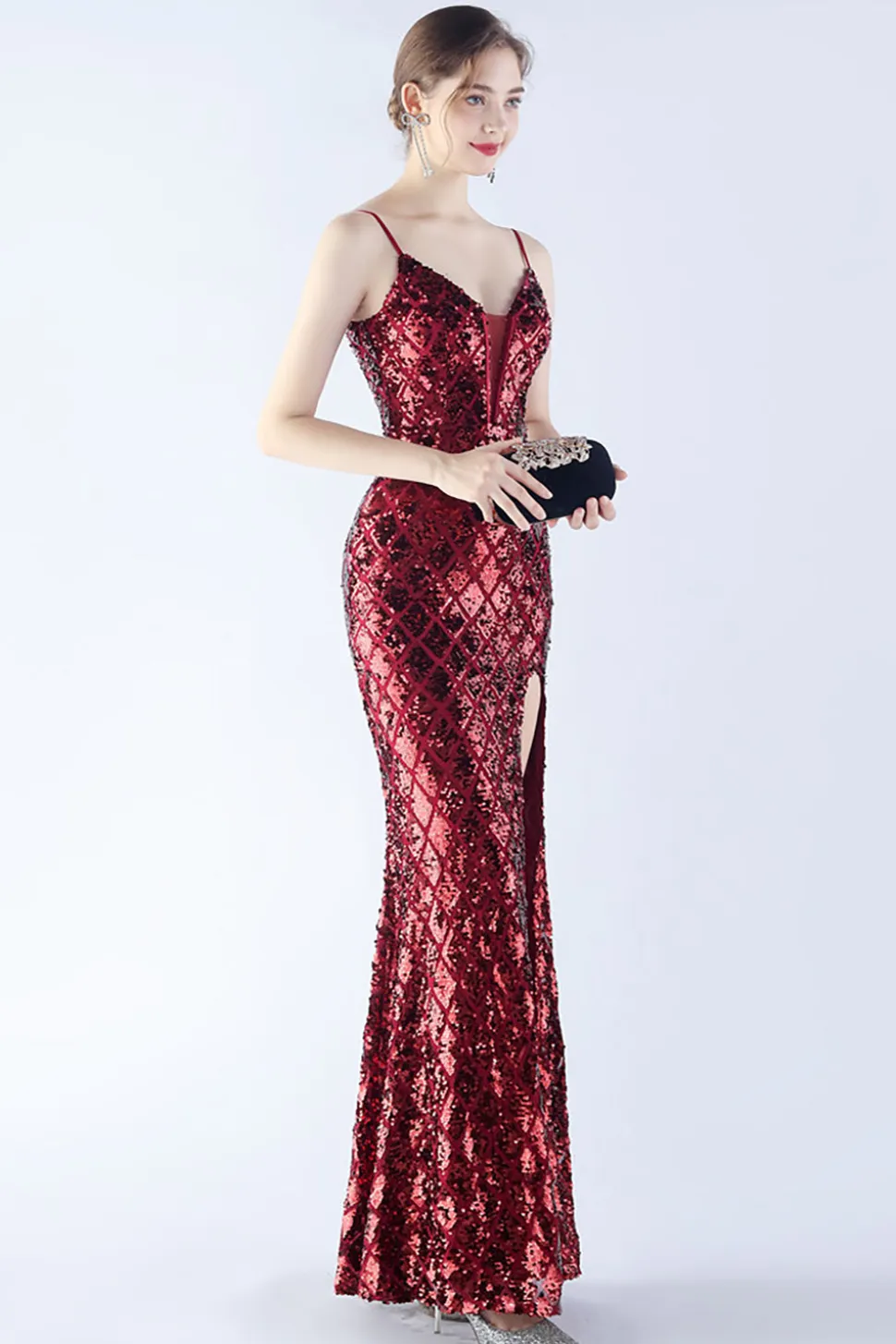 Borgonha Esparguete Correias V-neck Swquin Bainha Vestido Formal com Fenda