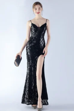 Borgonha Esparguete Correias V-neck Swquin Bainha Vestido Formal com Fenda