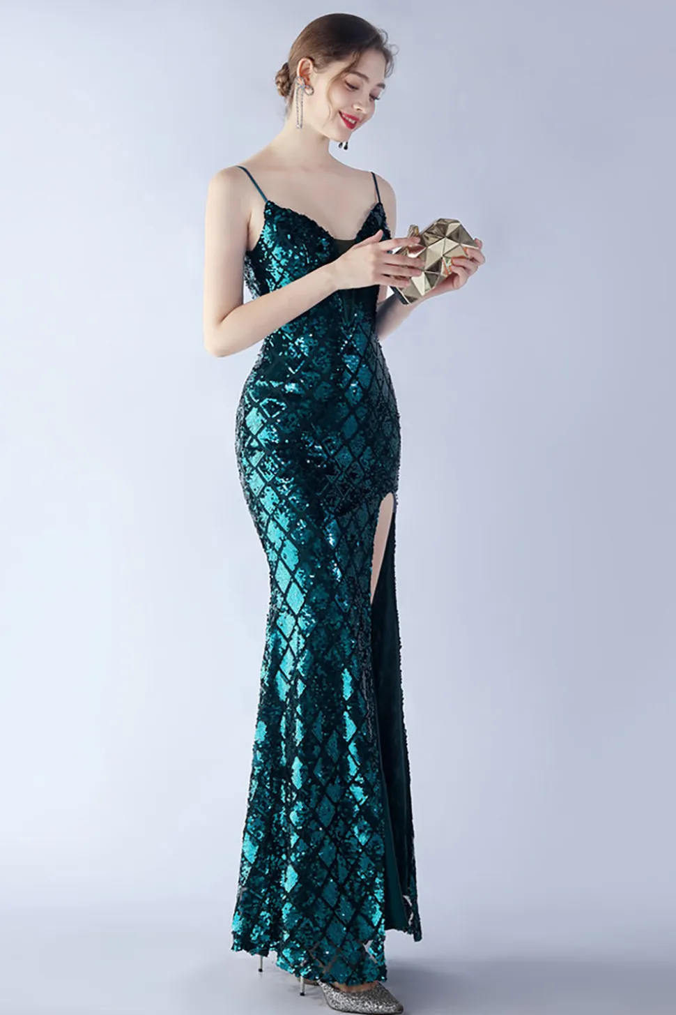 Borgonha Esparguete Correias V-neck Swquin Bainha Vestido Formal com Fenda