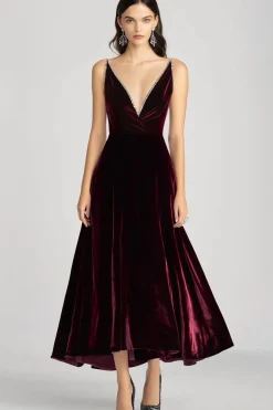 Borgonha Esparguete Correias V Pescoço Veludo Vestido Formal