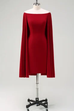 Borgonha fora do ombro bodycon vestido de cocktail com mangas de capa