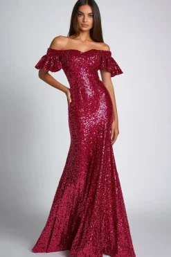 Borgonha fora do ombro sereia Sequins longo vestido formal