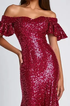 Borgonha fora do ombro sereia Sequins longo vestido formal