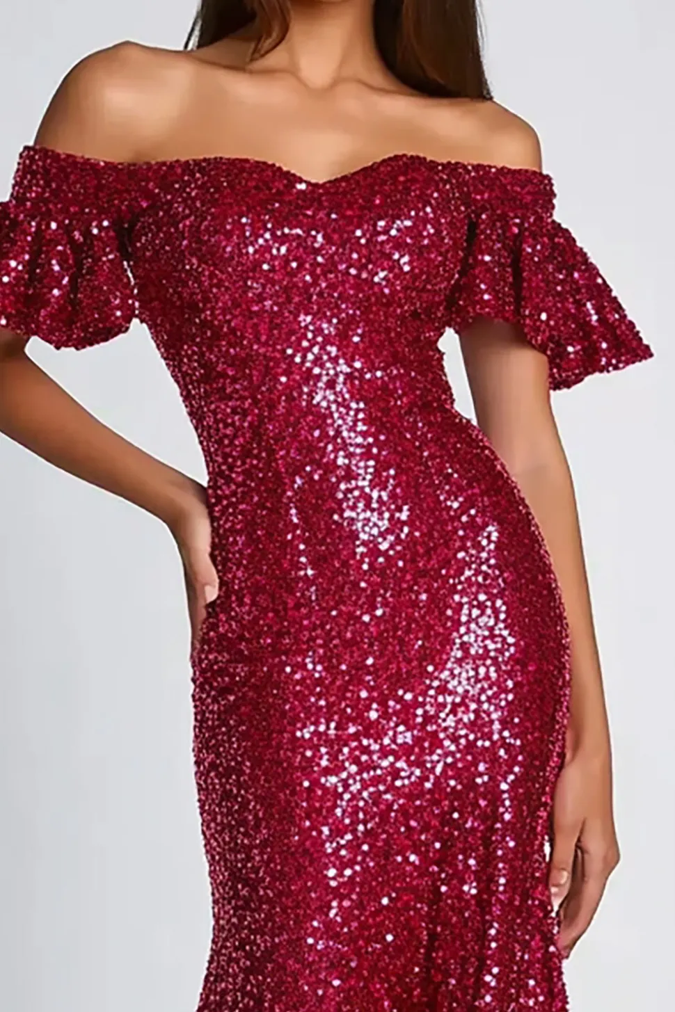 Borgonha fora do ombro sereia Sequins longo vestido formal
