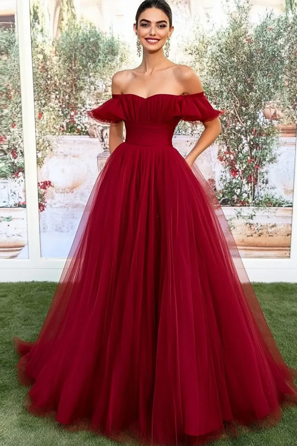 Borgonha fora do ombro tule A-line longo vestido de baile