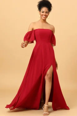 Borgonha Fora do Ombro Vestido de Dama de Honra