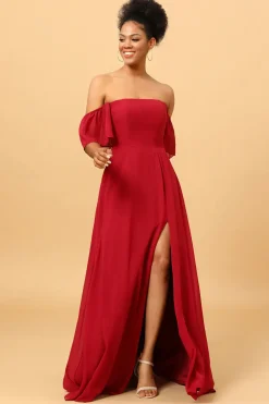 Borgonha Fora do Ombro Vestido de Dama de Honra
