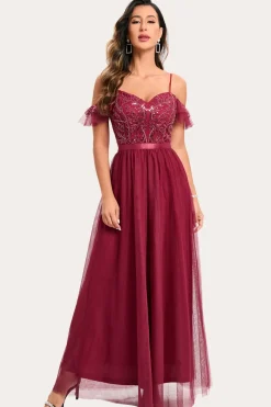 Borgonha frisada A-Line Long Prom Dress