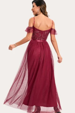 Borgonha frisada A-Line Long Prom Dress