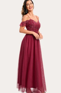 Borgonha frisada A-Line Long Prom Dress
