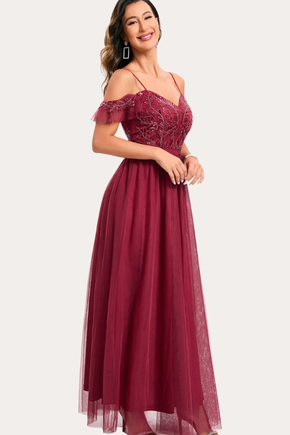 Borgonha frisada A-Line Long Prom Dress