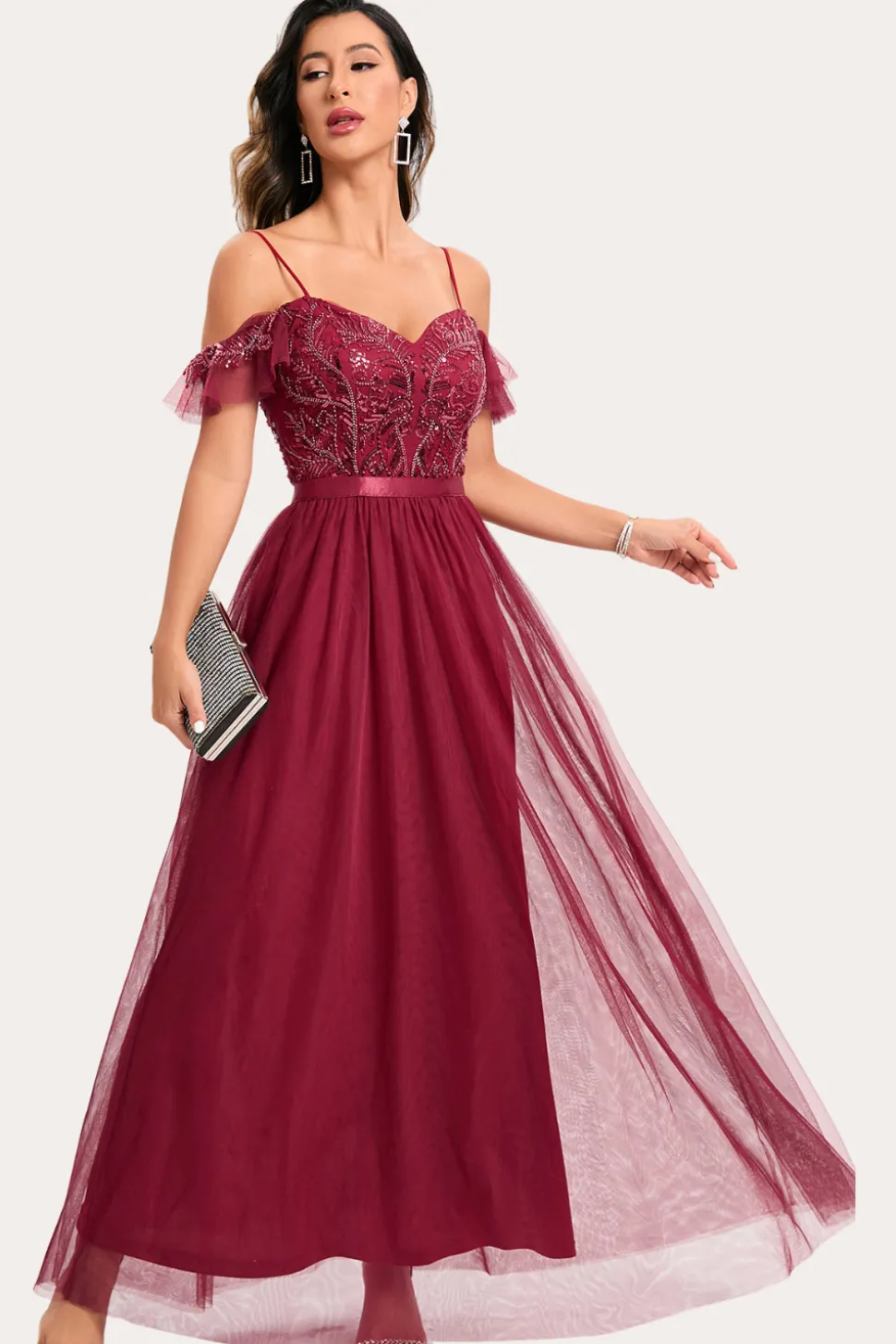 Borgonha frisada A-Line Long Prom Dress