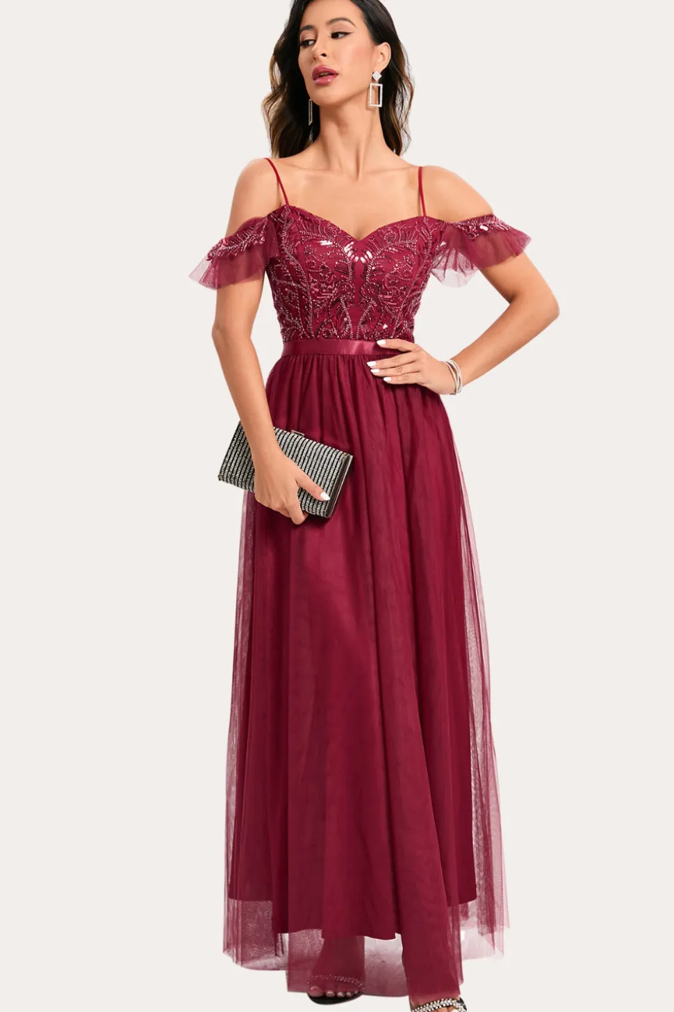 Borgonha frisada A-Line Long Prom Dress