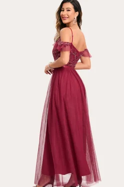 Borgonha frisada A-Line Long Prom Dress