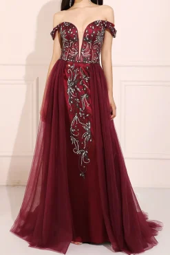 Borgonha frisada longo vestido de baile