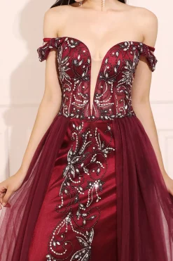 Borgonha frisada longo vestido de baile