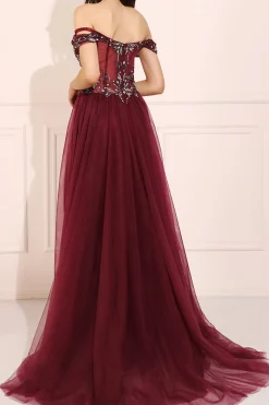 Borgonha frisada longo vestido de baile