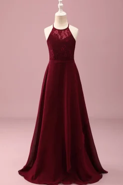 Borgonha Halter Lace A Line Chiffon Long Junior Vestido Madrinha Júnior