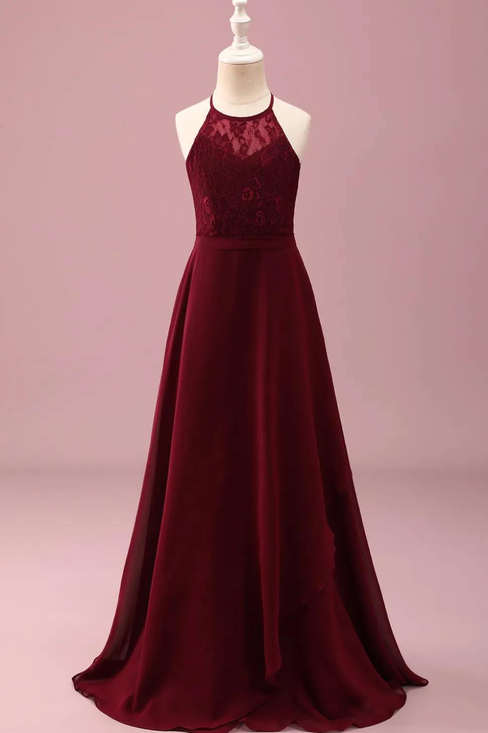 Borgonha Halter Lace A Line Chiffon Long Junior Vestido Madrinha Júnior