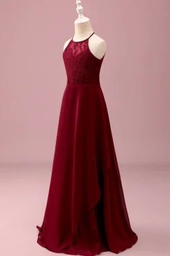 Borgonha Halter Lace A Line Chiffon Long Junior Vestido Madrinha Júnior