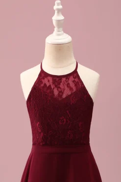 Borgonha Halter Lace A Line Chiffon Long Junior Vestido Madrinha Júnior