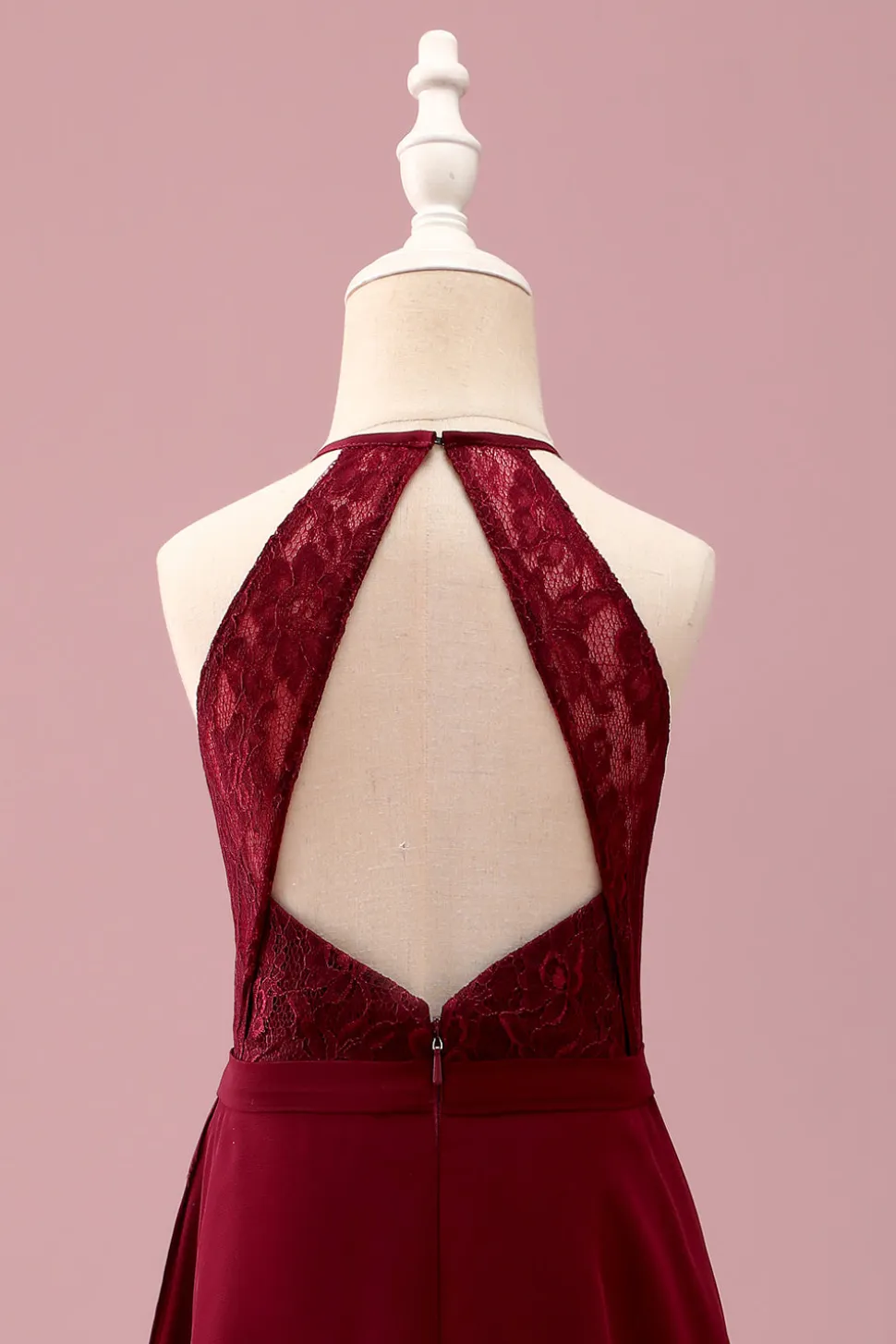 Borgonha Halter Lace A Line Chiffon Long Junior Vestido Madrinha Júnior