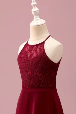 Borgonha Halter Lace A Line Chiffon Long Junior Vestido Madrinha Júnior