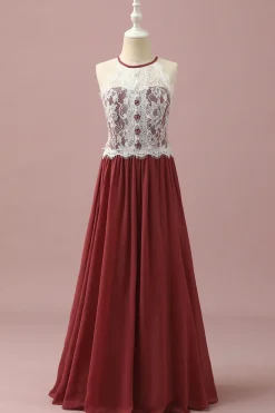 Borgonha Halter Renda Vestido Dama de Honra Júnior