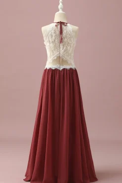 Borgonha Halter Renda Vestido Dama de Honra Júnior