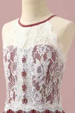 Borgonha Halter Renda Vestido Dama de Honra Júnior