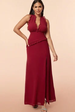 Borgonha Halter Ruffles vestido de baile com fenda