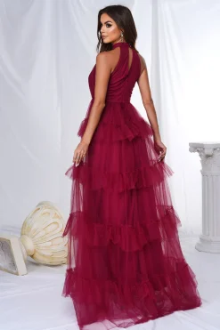 Borgonha Halter Tiered Tule Uma Linha Long Prom Dress