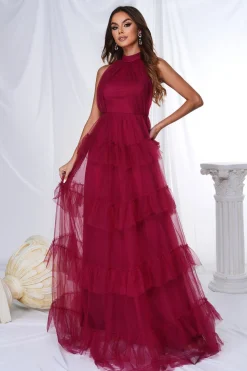 Borgonha Halter Tiered Tule Uma Linha Long Prom Dress