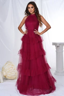 Borgonha Halter Tiered Tule Uma Linha Long Prom Dress