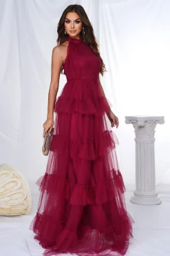 Borgonha Halter Tiered Tule Uma Linha Long Prom Dress