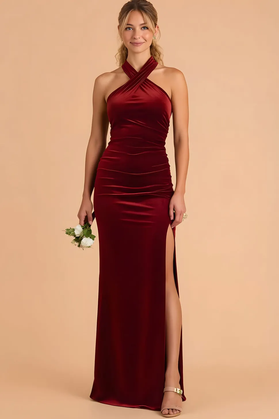Borgonha High Neck Bainha Veludo Vestido Longo Madrinha