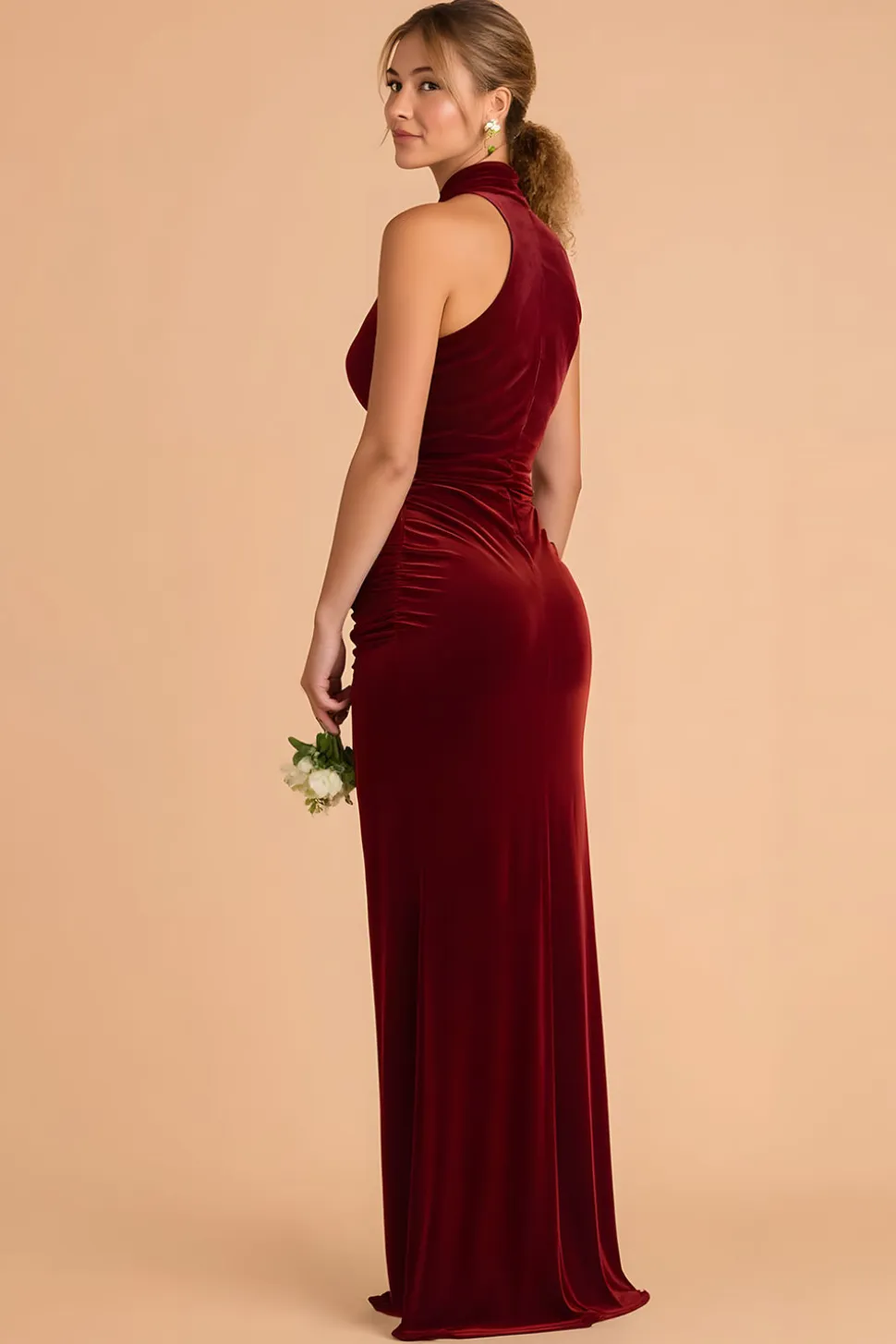 Borgonha High Neck Bainha Veludo Vestido Longo Madrinha