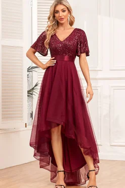 Borgonha High-low A-line vestido formal com lantejoulas