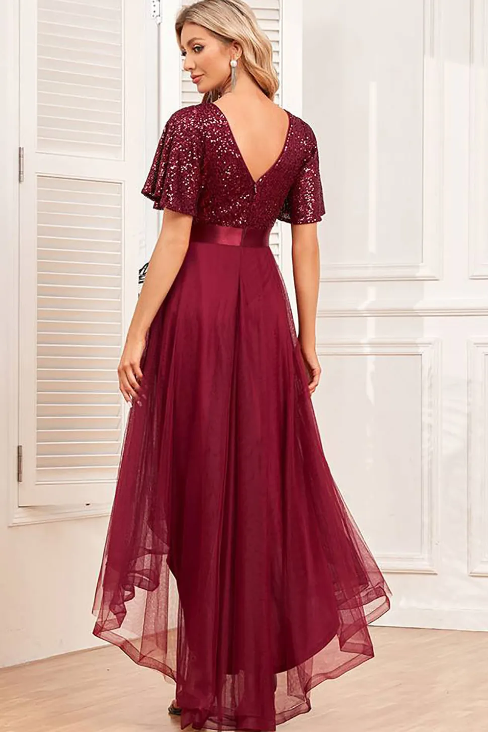 Borgonha High-low A-line vestido formal com lantejoulas
