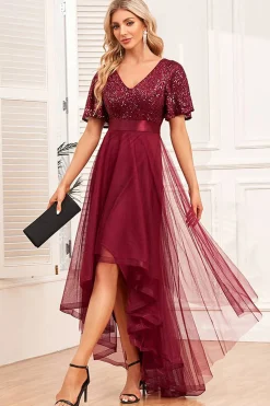 Borgonha High-low A-line vestido formal com lantejoulas