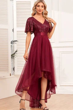 Borgonha High-low A-line vestido formal com lantejoulas