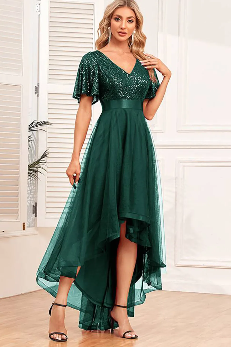 Borgonha High-low A-line vestido formal com lantejoulas