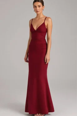 Borgonha Lace Up Back Sereia Vestido de Noite