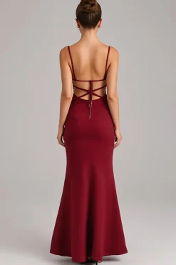 Borgonha Lace Up Back Sereia Vestido de Noite