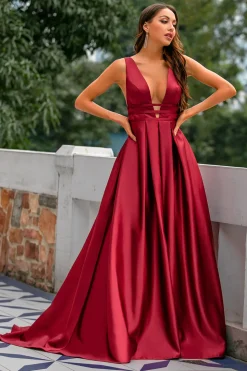 Borgonha Linha-A Comprido Decote em V Vestido de Cerimónia
