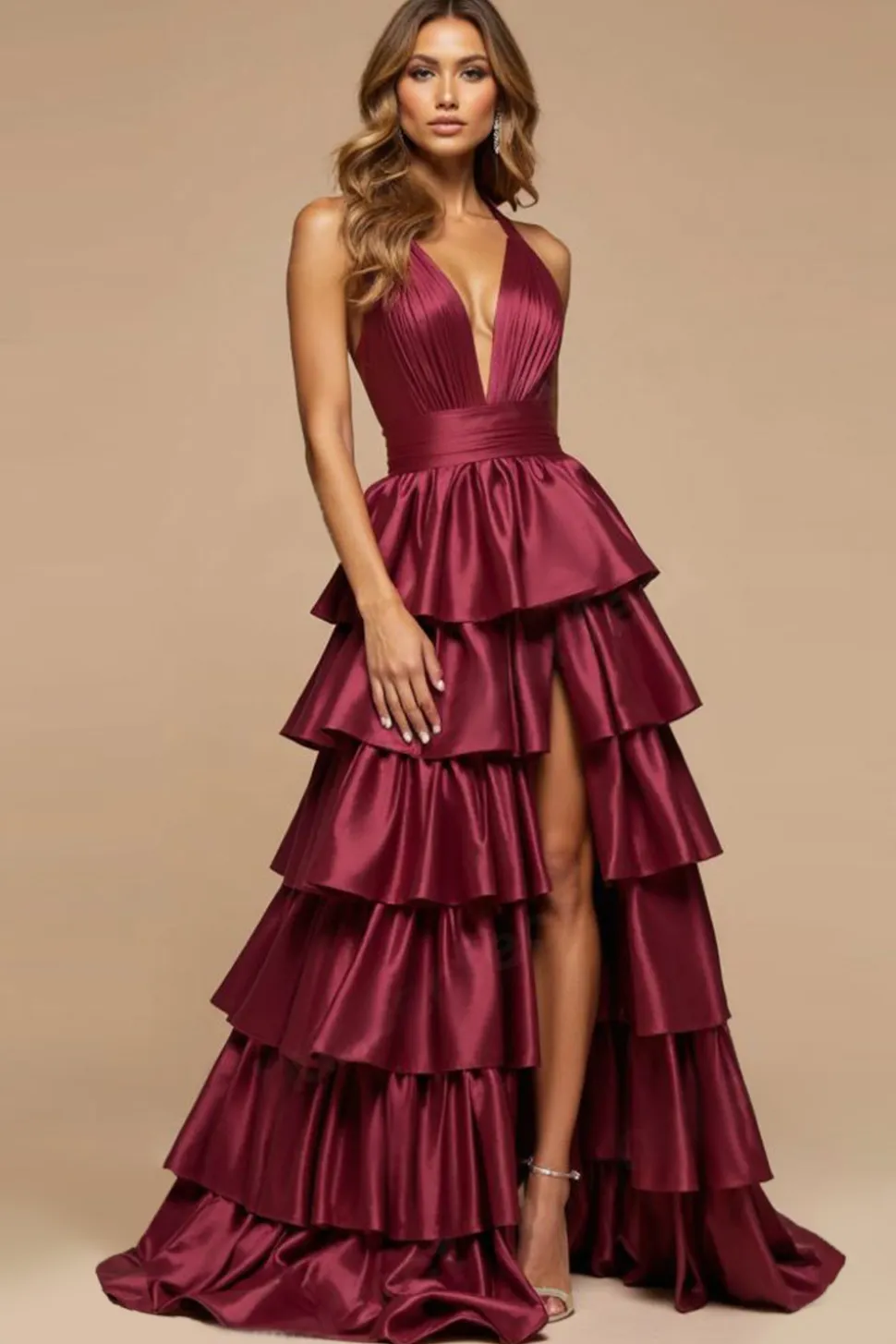 Borgonha Linha-A Decote em V Longo Cetim Long Vestido De Baile com Fenda