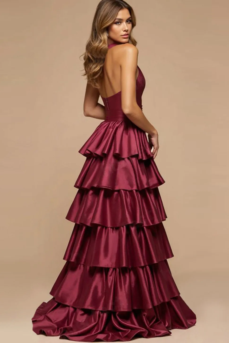 Borgonha Linha-A Decote em V Longo Cetim Long Vestido De Baile com Fenda