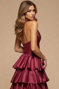 Borgonha Linha-A Decote em V Longo Cetim Long Vestido De Baile com Fenda