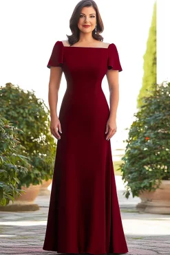 Borgonha Linha-A Pescoço Quadrado Longo Vestido Mae Noiva